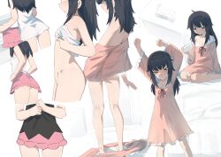 &gt;_&lt; 1girl absurdres barefoot black_hair closed_eyes commentary_request commission dawn_(pokemon) dressing flat_chest grey_eyes highres kneepits long_hair multiple_views nintendo pajamas pink_skirt pixiv_commission pokemon pokemon_(anime) pokemon_dppt_(anime) recklessdraw skirt standing stretching waking_up