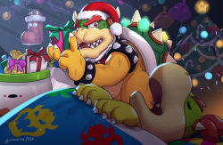 2boys armlet balloon bowser bowser_jr. candy candy_cane christmas christmas_ornaments christmas_tree father_and_son finger_to_mouth food gift glowing gonzarez hat jewelry koopa_clown_car male_focus mario_(series) multiple_boys nintendo pom_pom_(clothes) santa_costume santa_hat shushing sleeping spiked_armlet super_bell super_star_(mario)