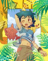 Rule 34 | arm behind back, ash ketchum, black hair, blouse, blue shirt, blue sky, brown eyes, brown pants, clothes lift, gen 1 pokemon, gen 4 pokemon, gen 7 pokemon, highres, leaf, legendary pokemon, midriff, navel, nintendo, okaohito1, on shoulder, one eye closed, open mouth, pants, pikachu, poke ball symbol, pokemon, pokemon (anime), pokemon (creature), pokemon on shoulder, pokemon sm (anime), rotom, rotom dex, shirt, shirt lift, short sleeves, sky, spiked hair, tapu koko, teeth, upper teeth only, z-ring