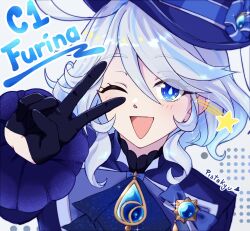 1girl ascot blue_ascot blue_brooch blue_eyes blue_gemstone blue_hat blue_pupils character_name drop-shaped_pupils furina_(genshin_impact) gem genshin_impact gloves hat highres multicolored_hair one_eye_closed pisskun solo streaked_hair symbol-shaped_pupils top_hat upper_body