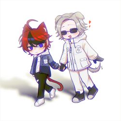 2boys :&lt; ahoge animal_ears aotsuki_eito black_gloves black_hair black_pants black_shoes blue_eyes cat_boy cat_ears cat_tail chinese_commentary closed_eyes closed_mouth commentary_request deformed dog_boy dog_ears dog_tail drawstring frown gloves grey_hair grey_jacket highres hood hood_down hoodie jacket jacket_over_hoodie kemonomimi_mode male_focus multicolored_hair multiple_boys open_clothes open_jacket open_mouth pants pocket red_hair renhuozhejiushiweilezhuxun shadow shoes short_hair smile sneakers sumino_takumi sunglasses tail tail_wagging the_hundred_line_-last_defense_academy- thigh_strap two-tone_hair walking white_hoodie white_jacket white_pants white_shoes