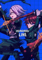 Rule 34 | 2boys, absurdres, aotsuki eito, black hair, blue background, blue eyes, glasses, highres, holding, holding scythe, holding sword, holding weapon, looking at another, looking back, male focus, multicolored hair, multiple boys, red hair, scythe, simple background, sumino takumi, sword, the hundred line -last defense academy-, weapon, white eyes, white hair