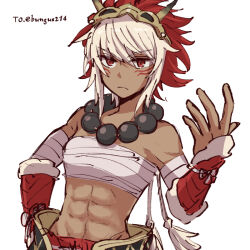 Rule 34 | 1girl, abs, alonemistrist, bandaged arm, bandages, bare shoulders, breasts, chest sarashi, closed mouth, commentary, dark-skinned female, dark skin, english commentary, facial tattoo, fire emblem, fire emblem fates, grey hair, hair between eyes, jewelry, looking at viewer, necklace, nintendo, red eyes, rinkah (fire emblem), sarashi, short hair, small breasts, solo, tattoo, upper body, white background