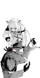 1boy 1girl 1other ambiguous_gender animal_ears arknights bare_shoulders cat_ears doctor_(arknights) dress gloves greyscale highres hood hood_up hooded_jacket jacket kal&#039;tsit_(arknights) long_sleeves lying material_growth monochrome on_stomach oripathy_lesion_(arknights) qyzhiaiyisheng short_hair simple_background white_background