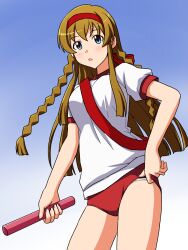 Rule 34 | 1girl, adjusting buruma, adjusting clothes, blue background, blue eyes, braid, brown hair, buruma, commentary, cowboy shot, gradient background, gym shirt, headband, highres, holding baton, idolmaster, idolmaster million live!, kousaka umi, lielos, long hair, looking at viewer, open mouth, panties, panty peek, red buruma, red headband, red sash, relay baton, sash, shirt, short sleeves, side braids, solo, standing, t-shirt, twin braids, underwear, white shirt
