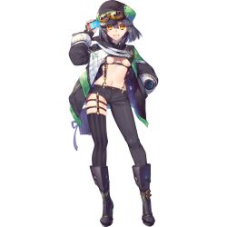 1girl armored_boots artist_request bag_ribbon belt belt_buckle black_bag black_boots black_coat black_hair black_pants black_ribbon black_shorts black_sleeve_cuffs bob_cut boots breasts buckle newsboy_cap cellphone closed_mouth coat collared_coat diagonal-striped_sleeves final_gear full_body goggles goggles_on_headwear gold_buckle hair_between_eyes hat highres holding holding_phone horizontal-striped_sleeves kristina_(final_gear) looking_at_viewer medium_breasts midriff mismatched_pants multicolored_coat navel official_art pants phone pocket ribbon short_shorts shorts simple_background single_thighhigh sleeve_cuffs smartphone solo standing striped_clothes striped_thighhighs suspender_shorts suspenders tachi-e teeth thigh_belt thigh_strap thighhighs third-party_source transparent_background two-tone_coat two-tone_hat two-tone_sleeves underboob vertical-striped_clothes vertical-striped_thighhighs yellow_eyes zipper