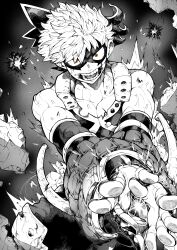 Rule 34 | 1boy, absurdres, angry, attack, bakugou katsuki, black mask, boku no hero academia, commentary request, debris, explosion, explosive, gloves, grenade, grenade pin, greyscale, highres, looking at viewer, male focus, monochrome, orange eyes, short hair, superhero costume, sweat, yotsumi shiro