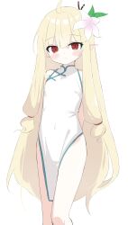 1girl absurdres blonde_hair character_request check_character check_copyright china_dress chinese_clothes copyright_request covered_navel dress highres long_hair pointy_ears red_eyes simple_background sleeveless smile solo user_yths2234