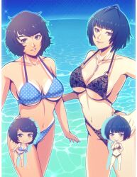 2girls bikini bikini_tan black_bikini black_hair blue_bikini blue_sky breasts brown_eyes cleavage closed_mouth collarbone corner50777313 cowboy_shot deformed floral_print_bikini full_body highleg highleg_bikini highres jewelry kawakami_sadayo large_breasts looking_at_viewer medium_breasts multiple_girls multiple_views navel necklace o-ring o-ring_bikini o-ring_bottom o-ring_top ocean open_mouth outdoors persona persona_5 polka_dot polka_dot_bikini short_hair sky smile standing stomach swimsuit takemi_tae tan tanline teeth thighs underboob