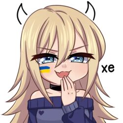 1girl black_choker blonde_hair blue_eyes blue_sweater choker demon_horns facepaint fang hair_between_eyes henna_(hentaiukr) hentaiukr horns korzynka_persykiv long_hair non-web_source off_shoulder shiny_eyes skin_fang smug solo sticker sweater transparent_background ukrainian_flag