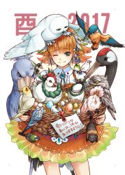 1girl 2017 ;) abiko_yuuji animal animal_on_head animal_on_shoulder bat_(animal) bird bird_on_head bird_on_shoulder brooch chicken chinese_zodiac closed_mouth cockatiel cowboy_shot crane_(animal) egg feather_hair_ornament feathers female_focus green_eyes hair_ornament highres hummingbird java_sparrow jewelry kookaburra nengajou nest new_year on_head one_eye_closed orange_hair original owl parakeet potoo red_skirt see-through_clothes shoebill short_hair simple_background skirt smile solo sparrow tit_(bird) white_background white_java_sparrow year_of_the_rooster