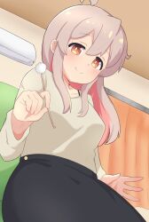 1girl ahoge air_conditioner black_skirt brown_eyes colored_inner_hair commentary curtains gogirimokke grey_hair hair_between_eyes highres indoors lap_pillow_invitation light_blush long_hair long_sleeves looking_at_viewer mimikaki multicolored_hair onii-chan_wa_oshimai! oyama_mahiro pink_hair shirt skirt smile solo two-tone_hair white_shirt