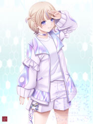 1girl blonde_hair choker closed_mouth hololive hololive_dev_is jacket multicolored_hair purple_eyes purple_hair shirt short_hair smile solo streaked_hair takanashi_tsukasa todoroki_hajime todoroki_hajime_(1st_costume) two_side_up virtual_youtuber white_choker white_jacket white_shirt
