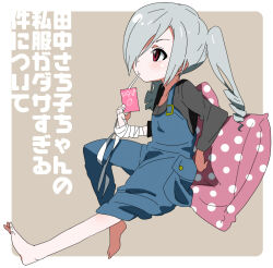 1girl azunyanperopero bandaged_arm bandages barefoot black_shirt blue_overalls commentary_request curly_hair drinking drinking_straw drinking_straw_in_mouth grey_hair hair_over_one_eye holding holding_milk_carton knee_up long_hair long_sleeves love_live! love_live!_school_idol_festival milk_carton overalls pillow red_hair shirt sitting solo tanaka_sachiko translation_request twintails