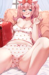 1girl agnes_digital_(umamusume) alternate_costume animal_ears backpack bag bed blue_eyes blush breasts cleavage collarbone commentary_request curtains heisei_retro highres horse_ears horse_girl horse_tail jojifuku open_mouth panties pink_hair randoseru small_breasts solo spread_legs tabunshake tail umamusume underwear
