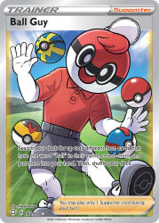 1boy ariga_hitoshi artist_name ball_guy blue_sky card_(medium) character_name cloud collared_shirt company_name copyright_name copyright_notice day emphasis_lines english_text grass great_ball grey_shoes grey_shorts hat level_ball male_focus mascot_head nintendo official_art outdoors poke_ball poke_ball_(basic) poke_ball_theme pokemon pokemon_card pokemon_swsh pokemon_tcg quick_ball red_shirt shirt shoes short_sleeves shorts sky solo third-party_source trading_card