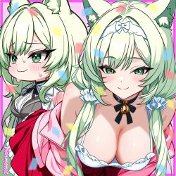 1girl ai-assisted animal_ear_fluff animal_ears arknights bare_shoulders bell black_bow black_choker blush bow bow_choker breasts character_name choker closed_mouth commentary_request confetti green_eyes green_hair hairband harmonie_(arknights) highres jingle_bell large_breasts long_hair looking_ahead multiple_views neck_bell nervous nervous_sweating off_shoulder pink_background smile sweat tokinin4 wavy_mouth white_hairband