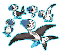 animal animal_focus beak bird black_eyes blue_outline brown_feathers bul_(moiko) chibi colored_sclera creature creature_focus feathers fins fish_tail full_body multiple_views no_humans open_mouth original outline seagull simple_background tail white_background white_feathers yellow_sclera