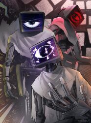 absurdres cable cape commentary crt dr._harley_sawyer_(poppy_playtime) english_commentary extra_eyes folymiruu_30 hand_up highres looking_at_viewer multiple_views no_humans object_head poppy_playtime robot static television torn_cape torn_clothes twitter_username white_cape