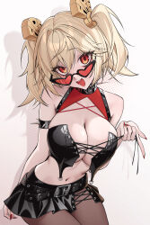1girl absurdres alternate_costume armlet black_corset black_pantyhose black_skirt blonde_hair breasts burnice_white cleavage commentary corset hair_ornament heart heart-shaped_eyewear highres jewelry large_breasts miniskirt mionk42 navel open_mouth pantyhose red_eyes red_nails short_hair simple_background skirt solo spiked_armlet stomach sunglasses teeth twintails upper_teeth_only white_background zenless_zone_zero