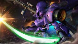 absurdres asteroid battle beam_rifle cable copyright_logo debris derivative_work duel dust_cloud energy_beam energy_gun energy_sword gundam gundam_battle_operation_2 gundam_u.c._engage highres kampfer_(mobile_suit) kampfer_high_mobility_type machinery mecha mecha_focus mobile_suit no_humans official_art one-eyed painting_(medium) radio_antenna realistic robot scan science_fiction scope space sunrise_(company) sword tenjin_hidetaka thrusters traditional_media weapon zeon