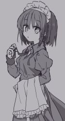 Rule 34 | 1girl, apron, from side, grey background, greyscale, highres, hisui (tsukihime), juliet sleeves, long sleeves, looking at viewer, maid headdress, makinami mari illustrious, monochrome, neck ribbon, puffy sleeves, ribbon, short hair, solo, tanka kikurage, tsukihime, unworn apron