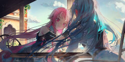 2girls black_dress cloud dress highres long_hair looking_at_another multiple_girls original outdoors pillar pink_eyes pink_hair saraki shirt sitting table white_hair white_shirt