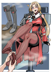 1girl absurdres blonde_hair blue_eyes blush boots desk feet ga320aaa girls&#039;_frontline girls&#039;_frontline_2:_exilium highres long_hair open_mouth pantyhose shoes soles steam swivel_chair toes ullrid_(girls&#039;_frontline_2) unworn_boots unworn_shoes