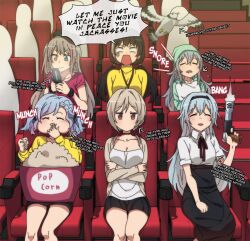 angry ballista_(girls&#039;_frontline) bird black_hair blue_hair brown_eyes brown_hair closed_eyes english_text food g11_(girls&#039;_frontline) girls&#039;_frontline heterochromia mdr_(girls&#039;_frontline) mechty_(girls&#039;_frontline_2) movie_theater multicolored_hair multiple_girls osprey popcorn ro635_(girls&#039;_frontline) robella_(girls&#039;_frontline_2) sabrina_(girls&#039;_frontline_2) sidarim spas-12_(girls&#039;_frontline) thunder_(girls&#039;_frontline) white_hair