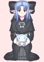 Rule 34 | 1girl, black bow, black dress, blue hair, bow, capelet, dress, hair bow, hair intakes, half updo, highres, holding, holding stuffed toy, kagetsu tooya, kneeling, len (tsukihime), long hair, long sleeves, looking at viewer, pointy ears, red eyes, ribbon, saishuumusou, skirt, solo, stuffed animal, stuffed toy, tsukihime