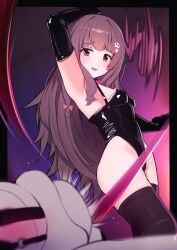 1girl 1other absurdres animal_ears black_border black_gloves black_leotard black_thighhighs blush border brown_hair commentary commission dominatrix elbow_gloves english_commentary estelle_(vtuber) femdom gloves gradient_background heart highleg highleg_leotard highres holding holding_whip indie_virtual_youtuber indoors katsuten latex latex_gloves latex_leotard leotard long_hair mixed-language_commentary mole mole_under_mouth multicolored_hair open_mouth outside_border red_eyes sheep_ears sheep_girl skeb_commission streaked_hair textless_version thighhighs virtual_youtuber whip whipping