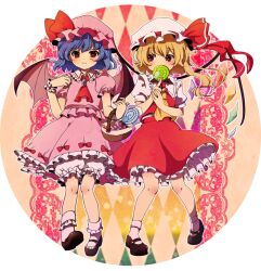 2girls amo_(shibu3) artist_collaboration ascot basket bat_wings black_shoes bloomers blue_hair bobby_socks bow bow_skirt candy closed_mouth collared_shirt commentary_request flandre_scarlet food frilled_shirt_collar frilled_skirt frills full_body hat hat_ribbon holding holding_basket holding_candy holding_food holding_lollipop lollipop long_hair looking_at_viewer mary_janes mikazuki_tsukiyo mob_cap multiple_girls pink_hat pink_shirt pink_skirt puffy_short_sleeves puffy_sleeves red_ascot red_bow red_eyes red_ribbon red_skirt red_vest remilia_scarlet ribbon shirt shoes short_hair short_sleeves siblings sisters skirt socks touhou underwear vest white_bloomers white_hat white_shirt white_socks wings wrist_cuffs yellow_ascot