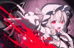 1girl argyle_background ascot bat_wings blood blood_splatter blurry blurry_foreground collared_shirt commentary_request fangs foreshortening frilled_cuffs frilled_shirt_collar frills hair_between_eyes hands_up hat hat_ribbon highres ko_gyoku looking_at_viewer mob_cap open_mouth outstretched_arm puffy_short_sleeves puffy_sleeves red_ascot red_eyes red_ribbon remilia_scarlet ribbon shadow shirt short_hair short_sleeves smile solo touhou upper_body wings wrist_cuffs