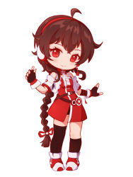 asymmetrical_legwear bare_shoulders belt bike_shorts black_gloves black_hair black_socks black_thighhighs boots braid brown_belt brown_hair chibi closed_mouth dress fingerless_gloves gloves headphones headset highres long_hair mole multicolored_boots open_clothes open_vest pointzhu red_boots red_dress red_eyes red_headset single_braid socks solo tachi-e thighhighs very_long_hair vest vocaloid vsinger_(vocaloid) warm_colored white_background white_vest yuezheng_ling yuezheng_ling_v3