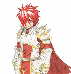 Rule 34 | 1boy, 2000s (style), armor, belt, breastplate, brown belt, cape, closed mouth, commentary request, frown, gauntlets, hair between eyes, hair over one eye, long bangs, looking at viewer, male focus, pauldrons, rafoll, ragnarok online, red cape, red eyes, red hair, red tabard, rune knight (ragnarok online), short hair, shoulder armor, simple background, solo, spiked hair, spiked pauldrons, tabard, white background