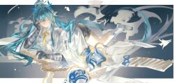 1girl aqua_hair arknights bandaged_arm bandages black_shorts boots closed_eyes closed_mouth commentary dragon_girl dragon_horns dragon_tail full_body hand_on_own_ear head_rest highres horns jacket lin_qing_(phosphorus_1104) ling_(arknights) long_hair lying magic open_clothes open_jacket pointy_ears shorts sketch solo tail tokkuri white_boots white_jacket