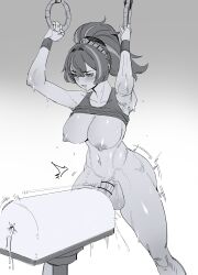 Rule 34 | 1futa, absurdres, blush, breasts, breeding mount, censored, futanari, futanari masturbation, hair between eyes, hair ornament, highres, large breasts, leaning forward, masturbation, monochrome, nipples, ookiniku, open mouth, penis, shirt, simple background, solo, testicles, zenless zone zero, zhu yuan