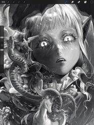 1boy dark-skinned_male dark_elf dark_skin dragon dungeon_meshi elf greyscale highres huli_xiaobai looking_at_viewer mermaid monochrome monster monster_girl pointy_ears solo symbol-shaped_pupils thistle_(dungeon_meshi) white_hair