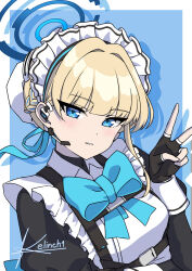 1girl aqua_bow aqua_bowtie black_gloves blonde_hair blue_archive blue_eyes blue_halo bow bowtie breasts earpiece fingerless_gloves gloves hair_bun halo juliet_sleeves kelinch1 long_sleeves maid maid_headdress medium_breasts puffy_sleeves solo toki_(blue_archive) upper_body