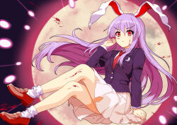 1girl animal_ears blood blood_on_face breasts collared_shirt commentary_request crescent crescent_pin danmaku full_moon loafers long_hair long_sleeves looking_at_viewer mist9801km moon necktie pleated_skirt purple_hair rabbit_ears rabbit_girl red_eyes red_necktie red_shoes reisen_udongein_inaba shirt shoes skirt socks solo torn_clothes torn_skirt touhou very_long_hair white_shirt white_skirt white_socks