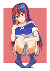 1girl absurdres alternate_hairstyle blue_eyes blue_hair blush breasts crossed_bangs female_alear_(fire_emblem) fire_emblem fire_emblem_engage gym_uniform heterochromia highres multicolored_hair nintendo open_mouth ponytail red_eyes red_hair short_sleeves simple_background socks solo squatting tk_petk training_outfit_(fire_emblem_engage) two-tone_hair workout_clothes