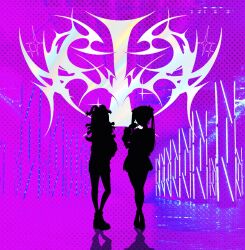 Rule 34 | 2girls, commentary request, copyright name, earrings, full body, hasu, heart, highres, hololive, hololive indonesia, houshou marine, iii (hololive), jewelry, kobo kanaeru, long hair, multiple girls, official alternate costume, purple theme, shadow, shorts, silhouette, skirt, twintails, virtual youtuber, wavy hair
