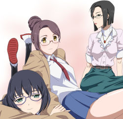 Rule 34 | 10s, 3girls, black hair, blazer, blue eyes, blush, breasts, brown eyes, brown hair, glasses, jacket, katae rika, looking at viewer, medium breasts, mizuno youko (tari tari), multiple girls, school uniform, serafuku, shoes, short hair, skirt, smile, takakura naoko, tari tari, uwabaki, yoshida keiji