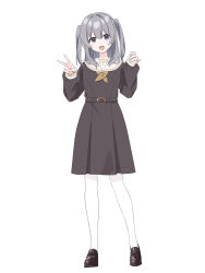 1girl belt blush brown_shoes fang full_body grey_eyes grey_hair highres kisaragi_hina long_sleeves looking_at_viewer open_mouth original school_uniform shoes signature simple_background solo standing thighhighs two_side_up v white_background white_thighhighs