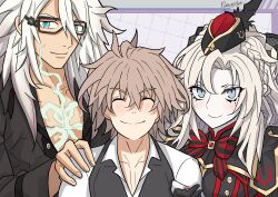 Rule 34 | 1girl, 2boys, blue eyes, blush, breasts, brown hair, caravthir, closed eyes, collarbone, family, fate/apocrypha, fate/grand order, fate (series), glasses, grey eyes, grey hair, hat, highres, kriemhild (fate), kriemhild (second ascension) (fate), multiple boys, pale skin, shirt, sieg (fate), siegfried (fate), siegfried (super cool biz) (fate), signature, white shirt