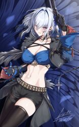 black_jacket black_pantyhose black_shorts black_thighhighs blue_bra blue_hair blue_nails bra breasts cleavage commentary dated esto_0079 feather_hair galbrena_(wuthering_waves) grey_hair gun hair_intakes highres holding holding_gun holding_weapon jacket large_breasts linea_alba long_hair looking_at_viewer multicolored_hair navel pantyhose purple_eyes shorts signature single_leg_pantyhose single_thighhigh smile stomach streaked_hair thighhighs thighs underwear very_long_fingernails weapon wuthering_waves
