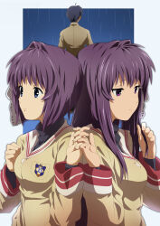 Rule 34 | 1boy, 2girls, absurdres, back-to-back, blazer, blue eyes, blue hair, bob cut, chinese commentary, clannad, closed mouth, commentary, frown, fujibayashi kyou, fujibayashi ryou, hair between eyes, hair intakes, hair ribbon, hands up, highres, hikarizaka private high school uniform, holding hands, interlocked fingers, jacket, jitome, long hair, long sleeves, looking afar, looking down, mogege gk, multiple girls, nose, okazaki tomoya, purple eyes, purple hair, rain, ribbon, sailor collar, school uniform, short hair, siblings, sidelocks, simple background, sisters, turtleneck, twins, white background, white ribbon, white sailor collar, yellow jacket