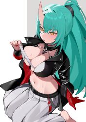Rule 34 | 1girl, absurdres, arknights, black jacket, breasts, cleavage, commentary request, crossed bangs, facial scar, fingernails, gloves, green hair, grey skirt, groin, hair between eyes, hei tudou, highres, horns, hoshiguma (arknights), hoshiguma the breacher (arknights), jacket, large breasts, long hair, long skirt, looking at breasts, midriff, nail polish, navel, open clothes, open jacket, parted lips, pleated skirt, ponytail, red gloves, red nails, scar, scar on cheek, scar on face, single glove, single horn, sitting, skin-covered horns, skirt, solo, sweat, wariza, yellow eyes