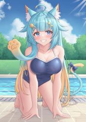 1girl ahoge all_fours animal_ear_fluff animal_ears aqua_hair barefoot blue_bow blue_eyes blue_one-piece_swimsuit blunt_bangs blush bow breasts cat_ears cat_girl cat_tail cloud grin hair_flaps highres indie_virtual_youtuber lanmewko large_breasts looking_at_viewer one-piece_swimsuit outdoors pool sidelocks sky smile solo swimsuit tail tail_bow tail_ornament teeth thighs virtual_youtuber wet yue_zi