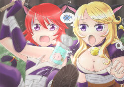 1boy 1girl :o animal_ears armor assassin_(ragnarok_online) bandages bandages_over_clothes blonde_hair blush breasts cat_boy cat_ears cat_girl cat_tail cleavage commentary_request fishing fishing_rod harunyan highres holding holding_fishing_rod long_hair medium_breasts misty_(ragnarok_online) open_mouth pauldrons poring purple_eyes purple_shirt ragnarok_online red_hair shirt short_hair shoulder_armor sleeveless sleeveless_shirt tail tearing_up upper_body wickebine_(ragnarok_online)